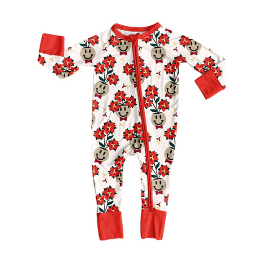 7.22 Preorder(moq 5)Baby Girls Red Flowers Smiles Plaid Zipper Pant Rompers