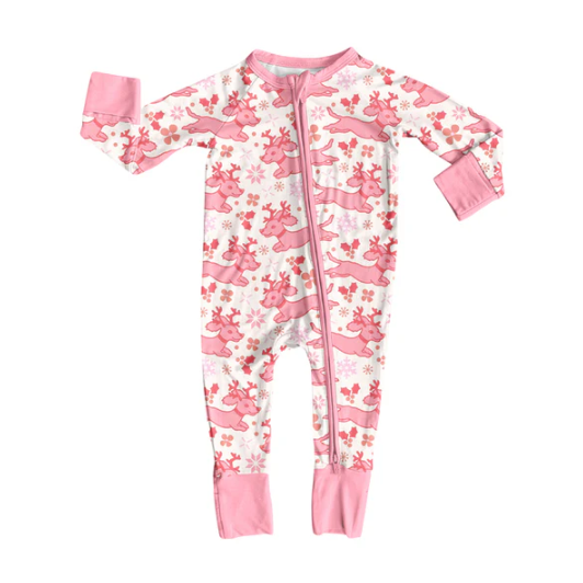 7.23 Preorder(moq 5)Baby Girls Pink Deer Snowflakes Zipper Pant Rompers