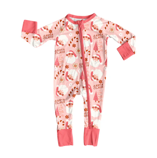 7.23 Preorder(moq 5)Baby Girls Pink Santa Candy Cane Zipper Pant Rompers