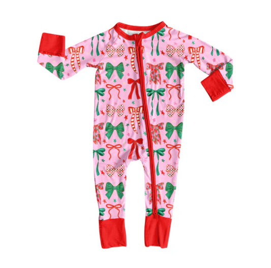 7.23Preorder(moq 5)Baby Girls Red Green Bows Stars Plaid Zipper Pant Rompers