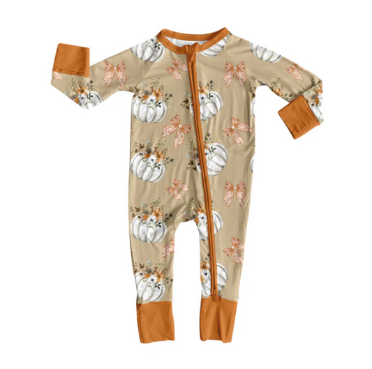 7.23 Preorder(moq 5)Baby Girls Khaki Pumpkins Bows Plaid Zipper Pant Rompers