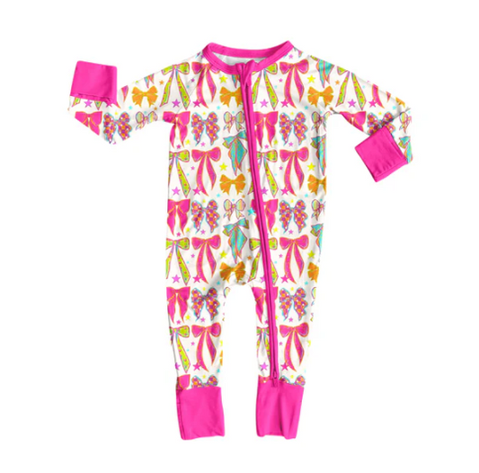 7.23 Preorder(moq 5)Baby Girls Colorful Bows Stars Plaid Zipper Pant Rompers