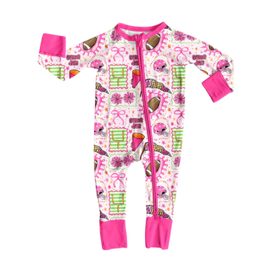 7.23 Preorder(moq 5)Baby Girls Pink Bows Footballs Team Zipper Pant Rompers