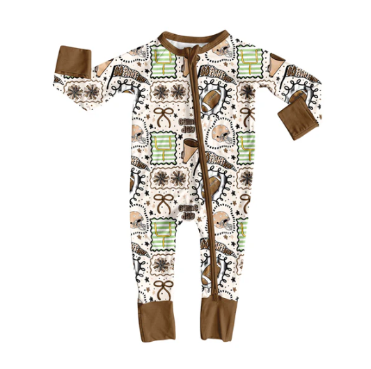 7.23 Preorder(moq 5)Baby Boys Khaki Bows Footballs Team Zipper Pant Rompers