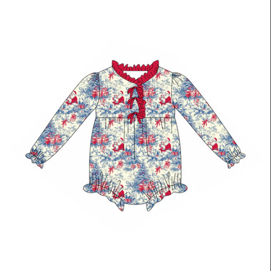 7.23 Preorder(moq 5)Baby Girls Red Santa Floral Plaid Button Ruffle Rompers