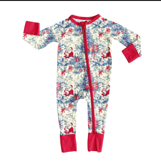 7.23 Preorder(moq 5)Baby Girls Red Santa Floral Plaid Zipper Pant Rompers