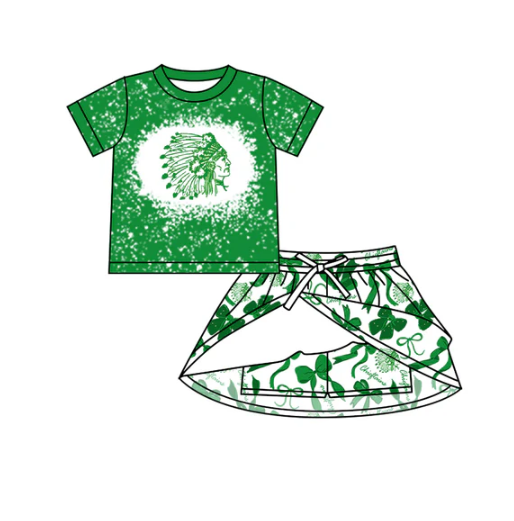 7.23 Preorder (moq 5)Baby Girls Green Short Sleeves Chieftains Top Bows Skorts Team Sets