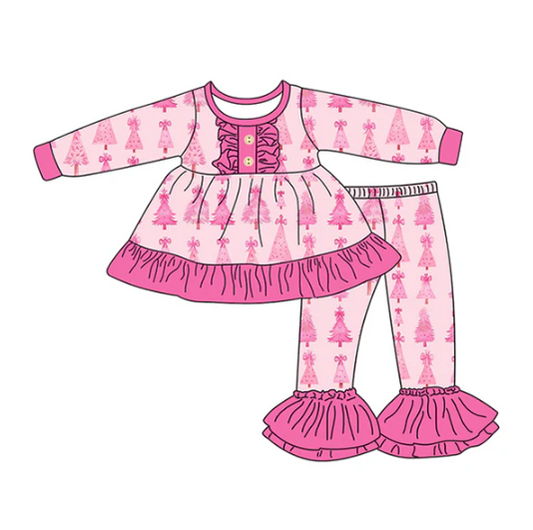 7.23 Preorder (moq 5)Baby Girls Long Sleeves Pink Bows Christmas Trees Button Tunic Bell Bottom Pants Set