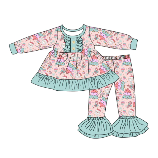 7.23 Preorder (moq 5)Baby Girls Long Sleeves Christmas Trees Santa Button Tunic Bell Bottom Pants Set