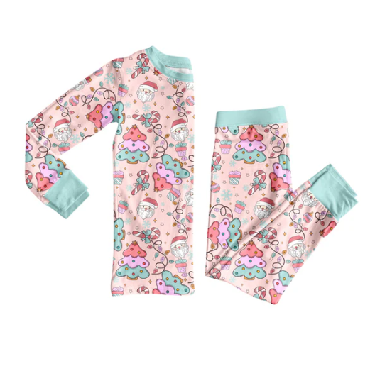 7.23 Preorder (moq 5)Baby Girls Long Sleeves Christmas Trees Santa Top Pants Pajamas Set