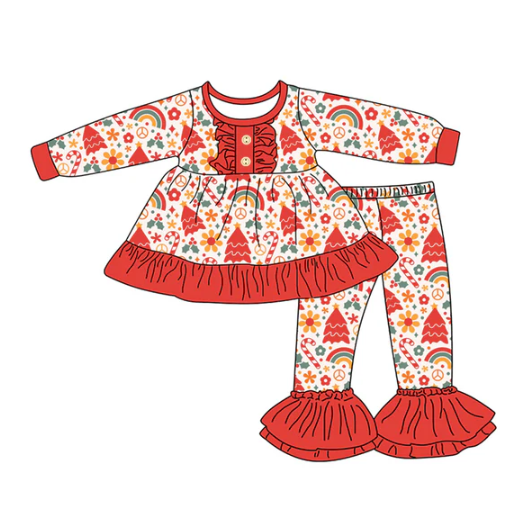 7.23 Preorder (moq 5)Baby Girls Long Sleeves Candy Cane Flowers Button Tunic Bell Bottom Pants Set