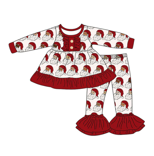 7.23 Preorder (moq 5)Baby Girls Long Sleeves Red Santa Button Tunic Bell Bottom Pants Set