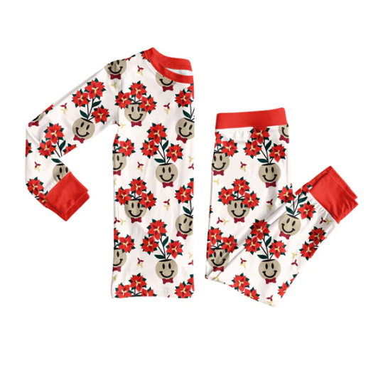 7.23 Preorder (moq 5)Baby Girls Long Sleeves Red Flowers Smiles Plaid Top Pants Pajamas Set