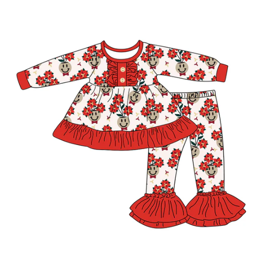 7.23 Preorder (moq 5)Baby Girls Long Sleeves Red Flowers Smiles Button Tunic Bell Bottom Pants Set