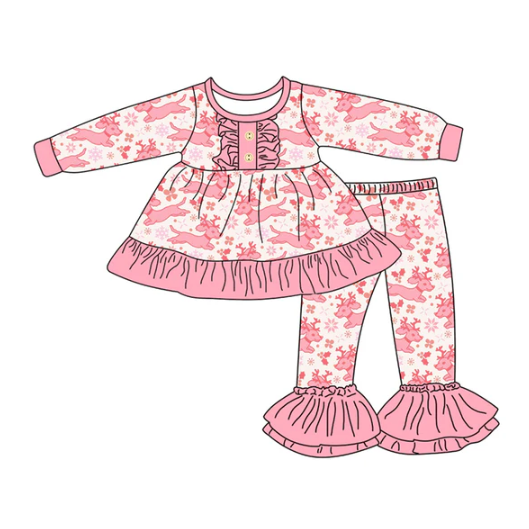 7.23 Preorder (moq 5)Baby Girls Long Sleeves Christmas Deer Holly Button Tunic Bell Bottom Pants Set