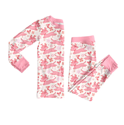 7.23 Preorder (moq 5)Baby Girls Long Sleeves Pink Christmas Deer Holly Top Pants Pajamas Set