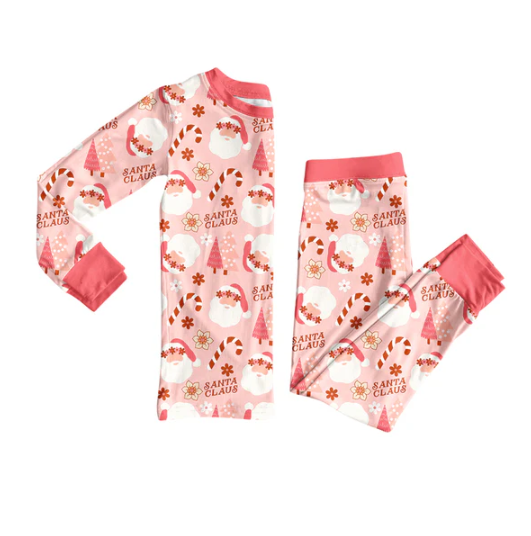 7.23 Preorder (moq 5)Baby Girls Long Sleeves Peach Santa Christmas Trees Top Pants Pajamas Set