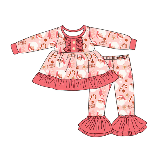 7.23 Preorder (moq 5)Baby Girls Long Sleeves Peach Santa Christmas Trees Button Tunic Bell Bottom Pants Set