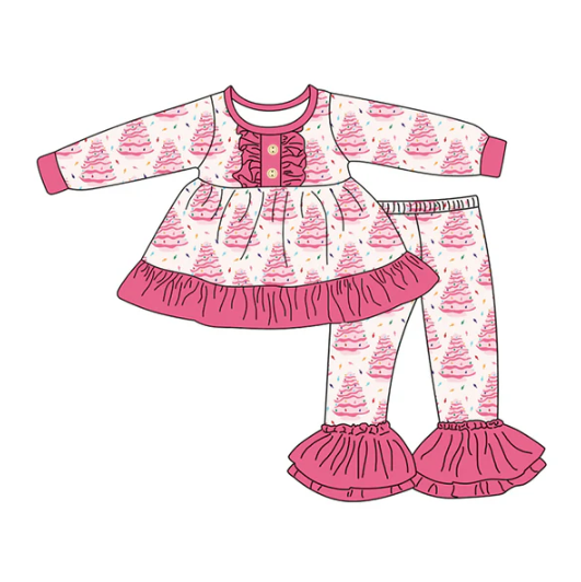 7.23 Preorder (moq 5)Baby Girls Long Sleeves Pink Christmas Trees Button Tunic Bell Bottom Pants Set