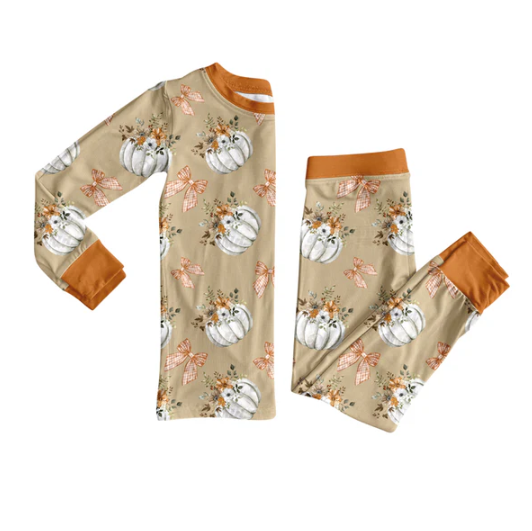 7.23 Preorder (moq 5)Baby Girls Long Sleeves Bows Pumpkins Plaid Top Pants Pajamas Set