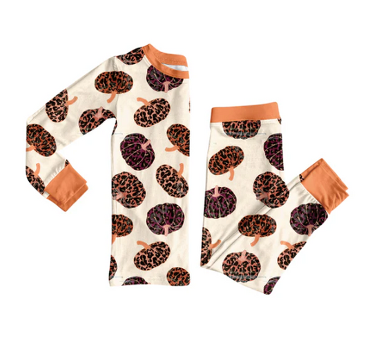 7.23 Preorder (moq 5)Baby Girls Long Sleeves Leopard Pumpkins Plaid Top Pants Pajamas Set