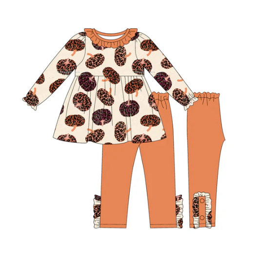 7.23 Preorder (moq 5)Baby Girls Long Ruffle Sleeves Leopard Pumpkins Plaid Tunic Legging Pants Set