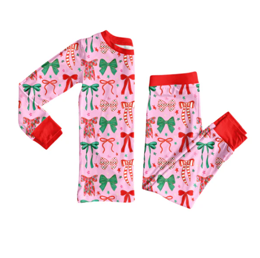 7.23 Preorder (moq 5)Baby Girls Long Sleeves Green Red Bows Plaid Top Pants Pajamas Set