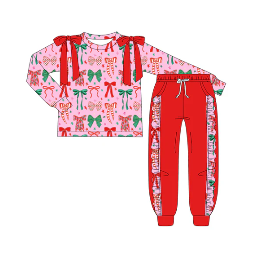 7.23 Preorder (moq 5)Baby Girls Long Sleeves Green Red Bows Plaid Top Legging Pants Set