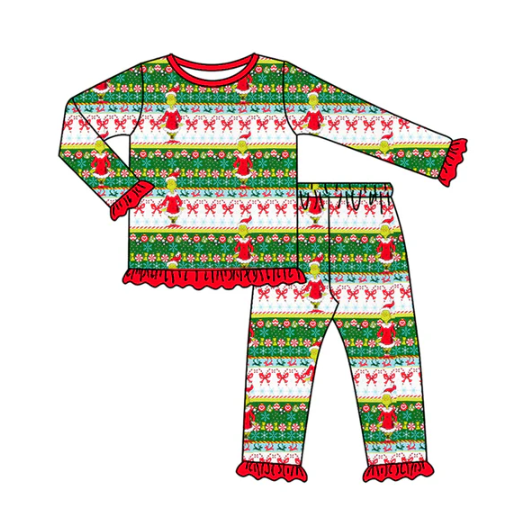 7.23 Preorder (moq 5)Baby Girls Long Ruffle Sleeves Cartoon Face Stripes Top Pants Pajamas Set