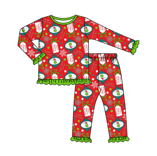 7.23 Preorder (moq 5)Baby Girls Long Ruffle Sleeves Cartoon Face Plaid Top Pants Pajamas Set