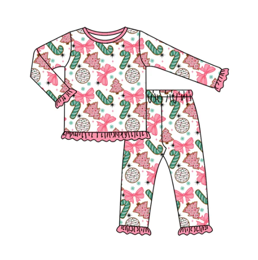 7.23 Preorder (moq 5)Baby Girls Long Ruffle Sleeves Bows Candy Cane Top Pants Pajamas Set