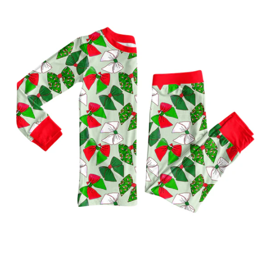 7.23 Preorder (moq 5)Baby Girls Long Sleeves Green Bows Plaid Top Pants Pajamas Set
