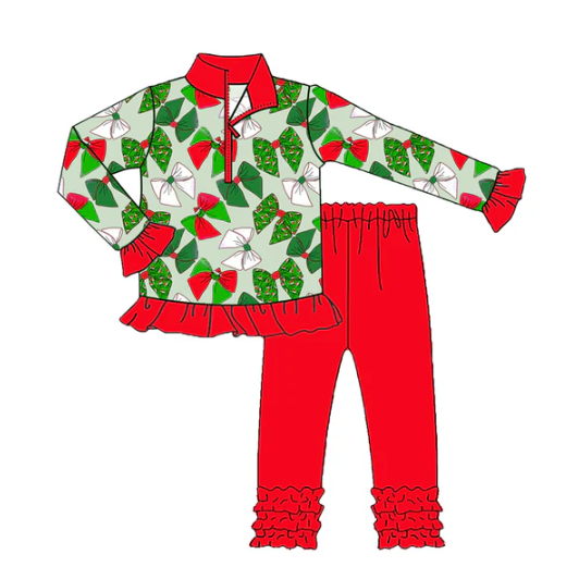 7.23 Preorder (moq 5)Baby Girls Long Ruffle Sleeves Green Bows Plaid Zipper Top Legging Pants Set