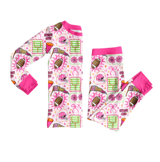 7.23 Preorder (moq 5)Baby Girls Long Sleeves Cheer Footballs Plaid Top Pants Pajamas Set