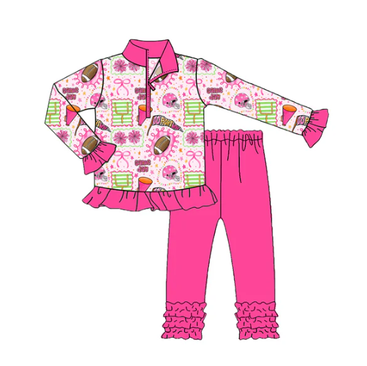 7.23 Preorder (moq 5)Baby Girls Long Ruffle Sleeves Cheer Footballs Zipper Top Legging Pants Set