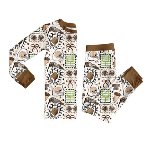 7.23 Preorder (moq 5)Baby Girls Long Sleeves Bows Footballs Plaid Top Pants Pajamas Set