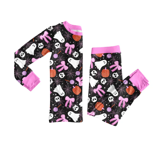 7.24 preorder(moq 5) Baby Girls Long Sleeves Bows Ghost Pumpkins Plaid Top Pants Pajamas Set