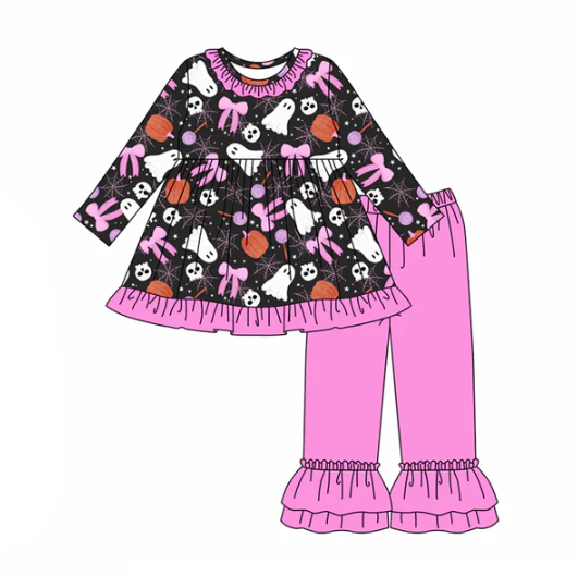 7.24 preorder(moq 5) Baby Girls Long Sleeves Bows Ghost Pumpkins Tunic Ruffle Pants Set