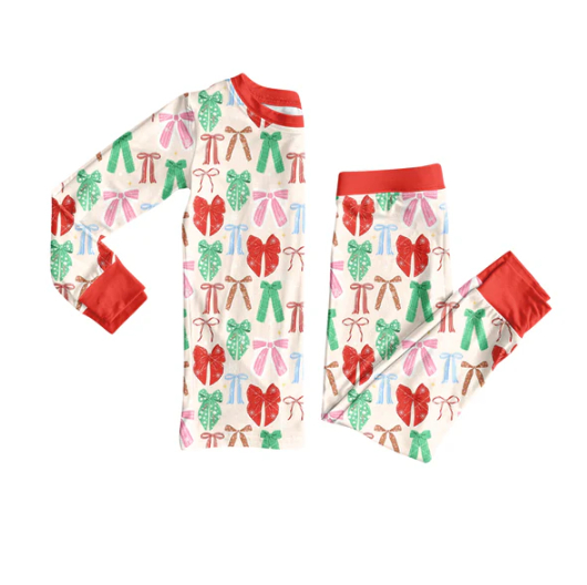 7.24 preorder(moq 5) Baby Girls Long Sleeves Colorful Bows Plaid Top Pants Pajamas Set