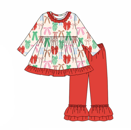 7.24 preorder(moq 5) Baby Girls Long Sleeves Colorful Bows Plaid Tunic Ruffle Pants Set