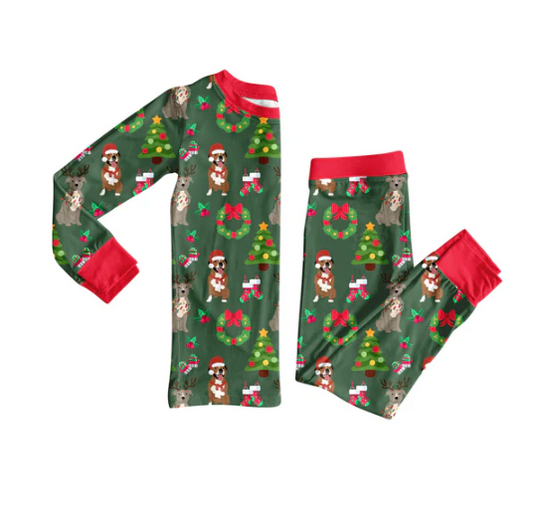7.24 preorder(moq 5) Baby Girls Green Long Sleeves Dogs Holly Plaid Top Pants Pajamas Set