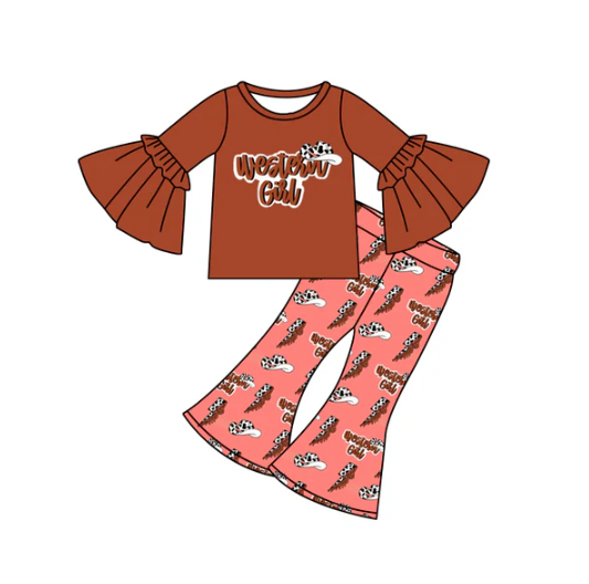 7.24 preorder(moq 5) Baby Girls Bell Sleeves Western Girl Top Flare Pants Set