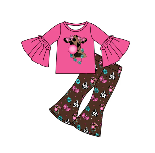 7.24 preorder(moq 5) Baby Girls Bell Sleeves Cows Flowers Top Flare Pants Set