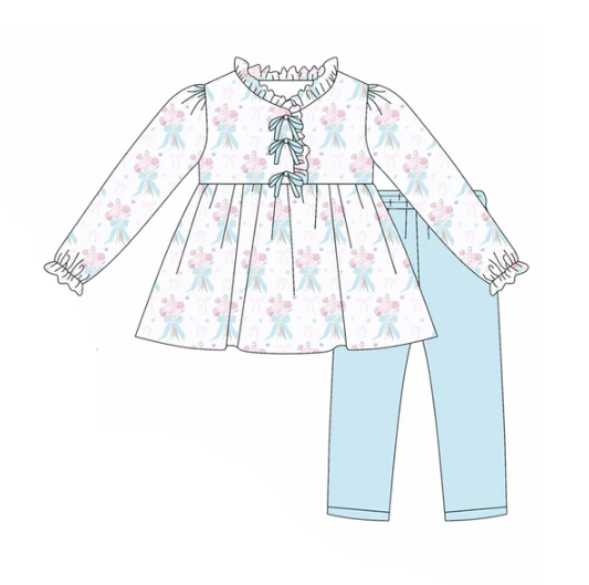 7.24 preorder(moq 5) Baby Girls Long Ruffle Sleeves Blue Bows Flowers Plaid Tunic Legging Pants Set