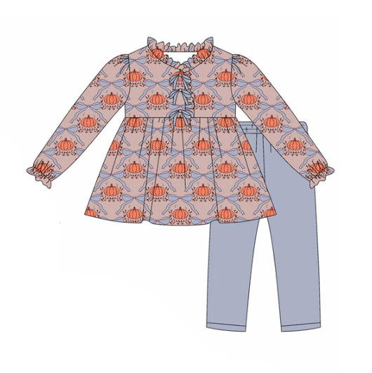 7.24 preorder(moq 5) Baby Girls Long Ruffle Sleeves Bows Pumpkins Plaid Tunic Legging Pants Set