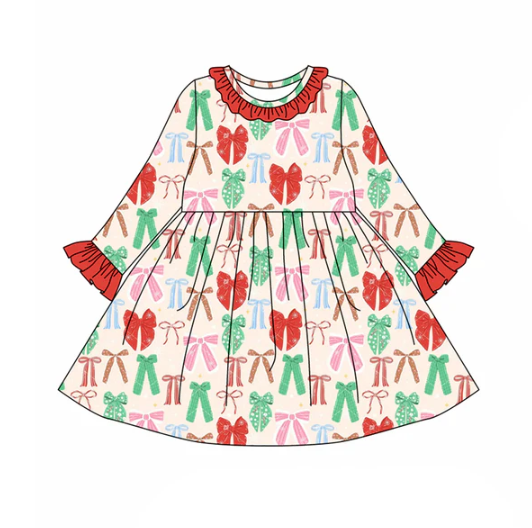 7.24 preorder(moq 5) Baby Girls Long Ruffle Sleeves Colorful Bows Plaid Knee Length Dresses