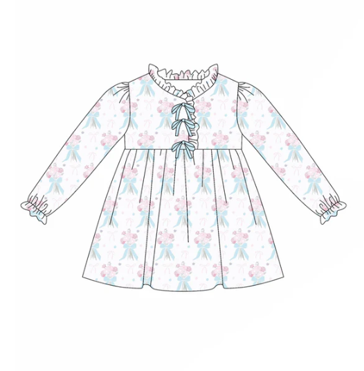 7.24 preorder(moq 5) Baby Girls Long Ruffle Sleeves Blue Bows Flowers Plaid Knee Length Dresses