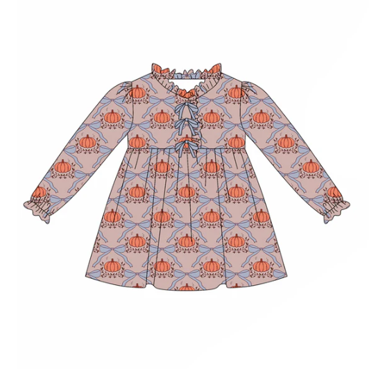 7.24 preorder(moq 5) Baby Girls Long Ruffle Sleeves Bows Pumpkins Plaid Knee Length Dresses