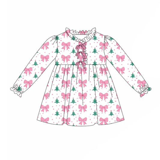 7.24 preorder(moq 5) Baby Girls Long Sleeves Pink Bows Polka Dots Christmas Trees Knee Length Dress