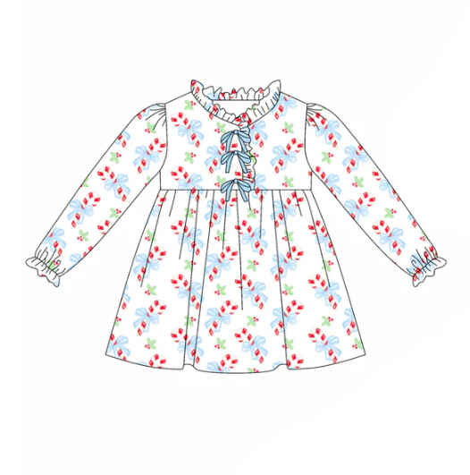 7.24 preorder(moq 5) Baby Girls Long Sleeves Blue Bows Candy Cane Plaid Knee Length Dress